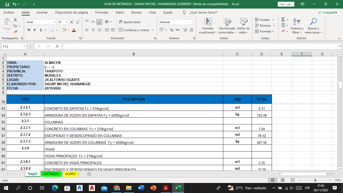 METRADOS TRABAJO FINAL - DAGNY MICHEL HUANANGUE